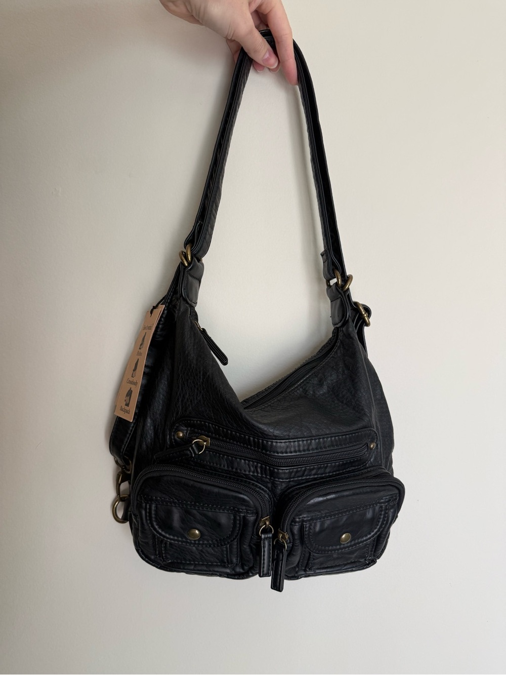 Ampere Black Vegan Leather Shoulder Bag with Front Zip Pockets NWT